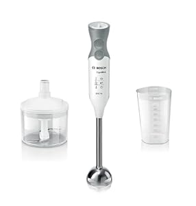 Bosch ErgoMixx Hand Blender - Frullatore a Immersione Portatile, 600 W, 12 Velocità, Lama a 4 Ali, Bicchiere Graduato, Mini Tritatutto, Accessorio per Puré ProPuree e Frusta in Acciaio Inox 600W Bianco