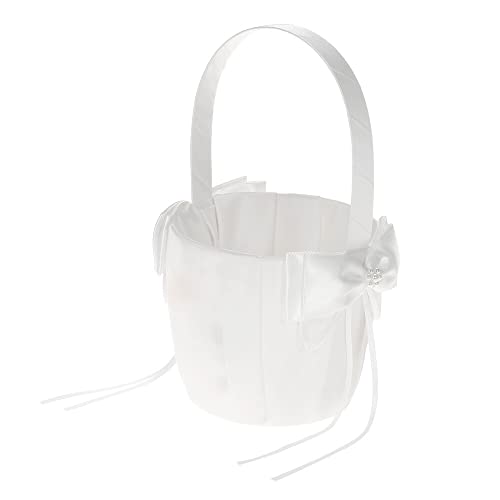 Ivory White Satin Wedding Flower Girl Basket with Bowknot Decoration Wedding Supplies