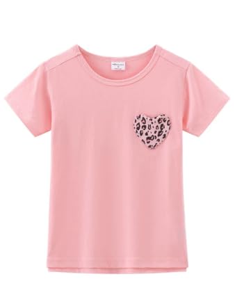 Image of Noomelfish Girls Short Sleeve Heart Pocket T-Shirts Casual Cotton Tee Tops Blouse (5-12 Years)