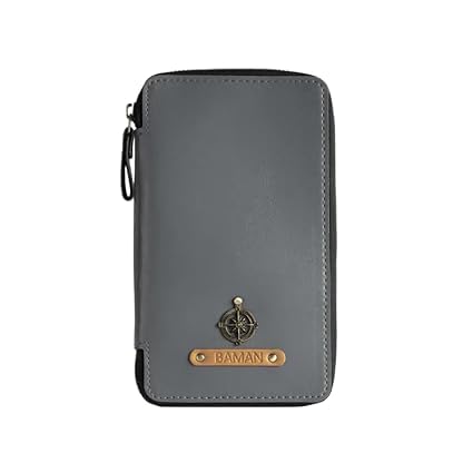 Image of Personalized Leather Passport Holder | Custom Travel Wallet with Zipper, Name & Charm | Durable Genuine Leather Organizer for Travel Documents & Cards (Grey)