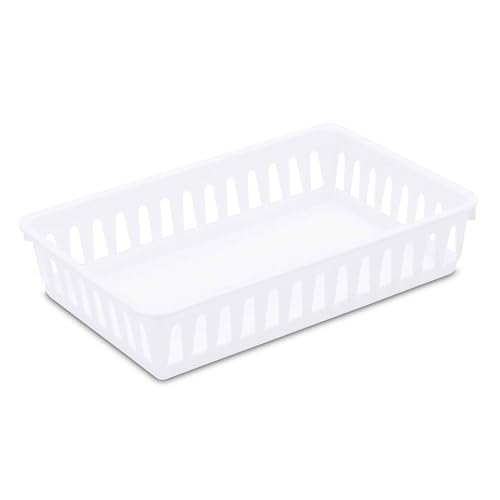 Sterilite Storage Tray, Plastic Basket to Organize Drawers or Shelves in the Bathroom, Office, or Kitchen, White, 24-Pack