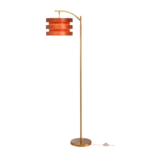 O’Bright Strata Wooden Floor Lamp - Mid Century Modern Standing Lamp with Layered Wood Shade, Tall Reading Lamp for Living Room, Bedroom, Office, Antique Brass, Dark Oak, Horizon Shade