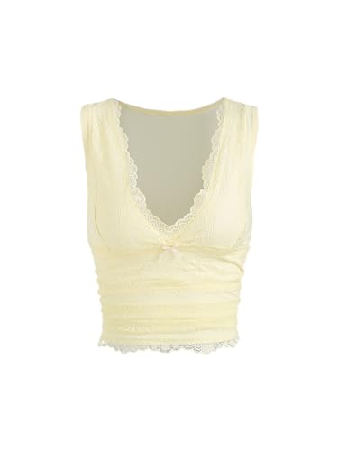 Image of CIDER Lace Crop Tank Tops for Women Going Out V Neck Sleeveless Ruched Tops Trendy Y2K Summer Outfits