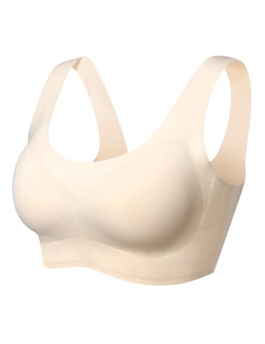 Momcozy Womens Seamless Bra Wireless Supportive Bra Everyday Smooth Sleep Bralette, Removable Pads Beige