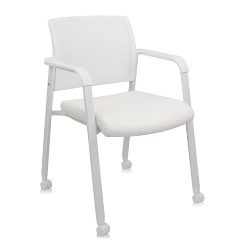 CLATINA Stacking Office Chairs with Wheels | Mesh Back, Thicken Leather Seat and Streamline Armrests, Ergonomic Lumber Support, Desk, Guest Reception, Waiting, Conference, White