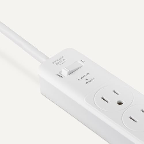 Image of Amazon Basics Rectangle 6-Outlet Surge Protector Power Strip with Circuit Breaker, 600 Joule, 2ft Cord, White, 2-Pack
