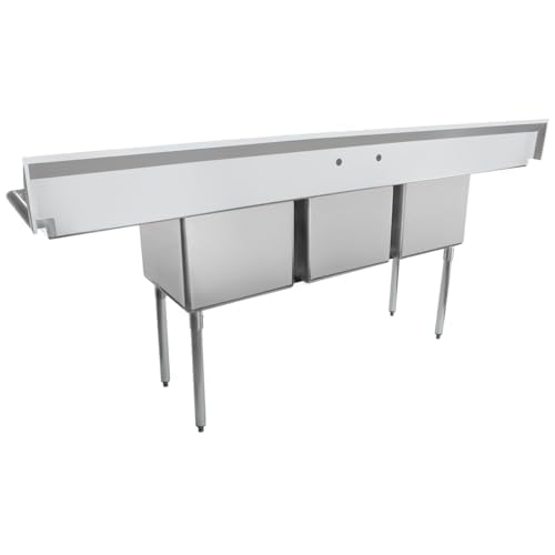 Image of EMPURA 94 inch Wide Stainless Steel Three Compartment Commercial Sink | Prep Utility 18 x 18 Bowl for Catering Laundry Garage | (2) 18 inch Drainboard, 9.75 inch Backsplash, 94 inchW x 23.5 inchD x 44.25 inchH, 18 Gauge, NSF