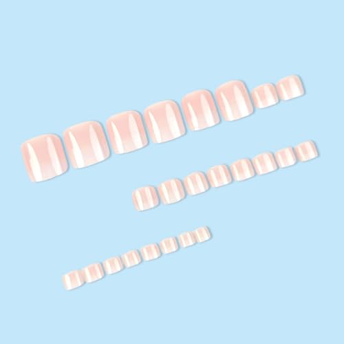 Image of Pink White Press on Toenails French Tip Fake Toenails Short Square False Toes with Ombre Design Glossy Full Cover Stick on Toe Nails Artificial Acrylic Glue on Toenails for Women Manicure 24Pcs