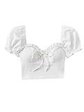 Verdusa Women's Frill Trim Sweetheart Neck Tie Front Short Puff Sleeve Crop Blouse Top White Small