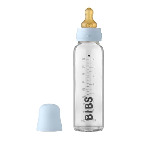 Image of BIBS Baby Glass Bottle. Anti-Colic. Round Natural Rubber Latex Nipple. Supports Natural Breastfeeding, Complete Set - 225 ml, Baby Blue
