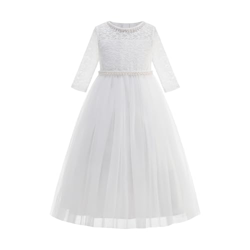 Flower Girl Dress Vintage Floral Lace 3/4 Sleeves Wedding Formal Dress Pageant Birthday Party Tulle Pearls Ball Gowns