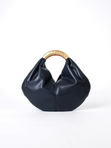 Bolso Tote azul marino de cuero sintético con asa dorada miniatura 4