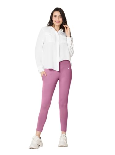 Image of VSTAR PL02 Women Ankle Length Stretchable Slim Fit Leggings with Secured Side Pocket | Moisture-Wicking | Soft Waistband & Cotton-Elastane Fabric | XL | Wild Rose