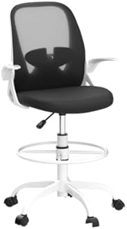 Primy Drafting Chair Tall Office Chair with Flip-up Armrests Executive Ergonomic Computer Standing Desk Chair with Lumbar Support and Adjustable Footrest Ring(White)