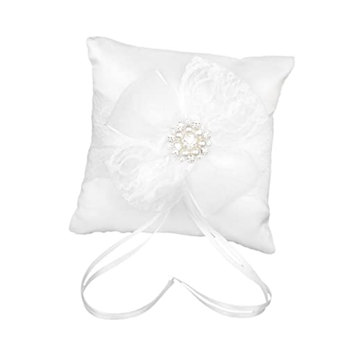 Cabilock 15x15cm Bridal Ring Pillow Wedding Ceremony Decor Satin Sparkling Ribbons Ring Bearer Pillow