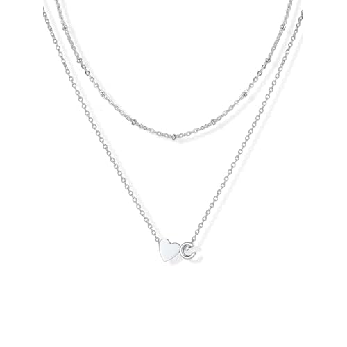 U7 Layered Heart Initial Necklace for Women,Tiny Silver/14K Gold Plated Heart Initial A-Z Letter Pendant Necklaces,Adjustable 16"- 18" Valentines Birt