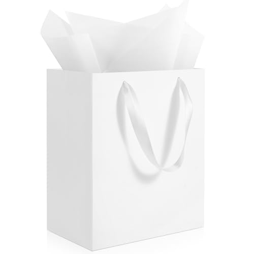 Ethhqu 4 Pack Medium White Gift Bags with Handles 8x5x10 Inches - Includes 4 Tissue Papers for Birthday Party Baby Shower Wedding Business Thanksgiving Christmas (White Medium-4 Pcs)