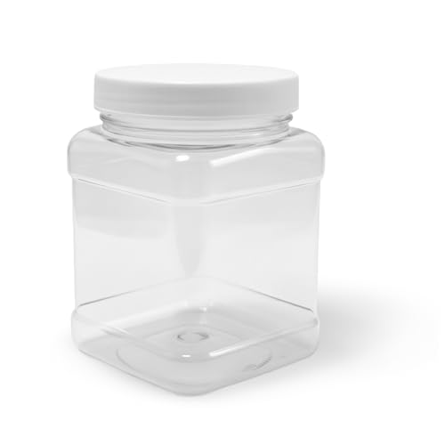 Pride Of India Clear Food Grade PET Plastic Square Grip Storage Jar w/Cap | 32 Fluid Ounces (3-4 Cup Storage Capacity) | BPA Free USA Made