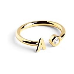 Anillos Dorados SINGULARU - Anillo Personalizado Letter Spark - Anillo Ajustable - Plata de Ley 925 con Acabado Baño de Oro de 18 Kt. - Talla Unica - Joyas para Mujer - Hecho en España - Letra A