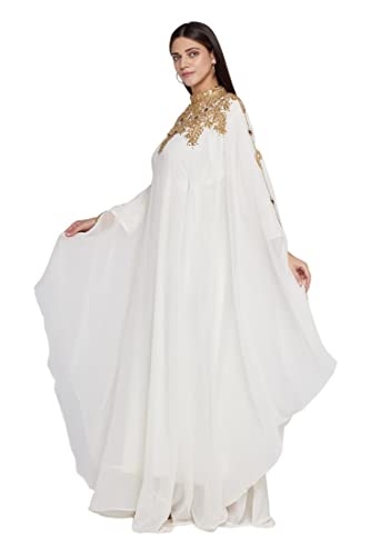 Aniiq Women Dubai Kaftan Farasha Caftan Long Maxi Dress Long Sleeves Ethnic, Bridal, Evening, Party, Dress With Free Scarf, Color- Off White, Size- Free #TOP2