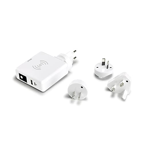 SIMON - Cargador Inalámbrico de Carga Rápida, Adaptador de Viaje 3 en 1, con 2 Enchufes USB, Batería Portátil con Interruptor, Apto para EU, USA, SAA y UK, Color Blanco