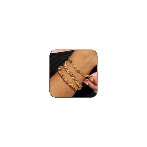 Waterproof Gold Chain Bracelet For Women Non Tarnish,14K Gold Plated Stainless Steel Link Dainty Bracelets Stake Layered Bracelet Set Hypoallergen Gold Jewelry