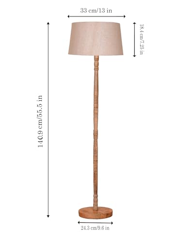 Image of Homesake Mid Century Modern Floor Lamp for Living Room | Hand Turned | Corner Lamp for Living Room, Stand Lamp with Fabric Lampshade for Bedroom, Study Room and Office, (Jute)