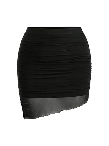 WDIRARA Women's Plus Size Ruched Bodycon Skirt High Waisted Mesh Asymmetrical Short Skirts
