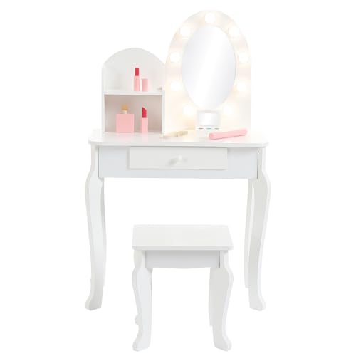 Kids Princess Vanity Set, Little Girl Pretend Play Make Up Vanity Table and Stool with Lighted Mirror, Makeup Playset, Storage Drawer, White Makeup Dressing Desk for Girls