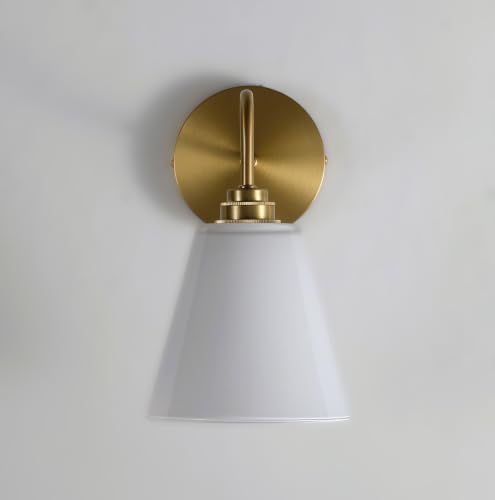Image of Brass Wall Sconce with Milk Glass Cone Shade and Gooseneck, Gold Kitchen Sink Sconce for Bathroom, Bedroom (Bulb Included)