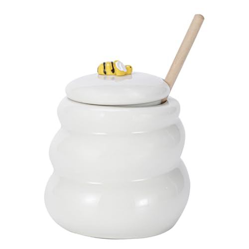 Unomor Cute Honey Pot Bee Ceramic Honey Jar Lid and Dipper 415ml White for Home Kitchen