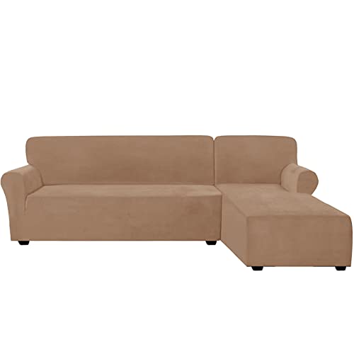 CXYKN Funda de sofá en Forma de L, Funda de sofá seccional, Funda de sofá elástica de Terciopelo de 2 Piezas, Protector de Muebles Lavable para Sala de Estar, Mascotas, marrón A-Grande + Grande