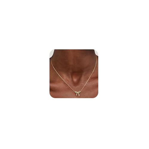 prgislew 14K Gold Bow Necklace for Women - Bow Necklace 14K Dainty Gold Plated Necklace Cute Small Tiny Bow Pendant Choker Chain Necklace Trendy Necklaces for Women Gold Jewelry Gift