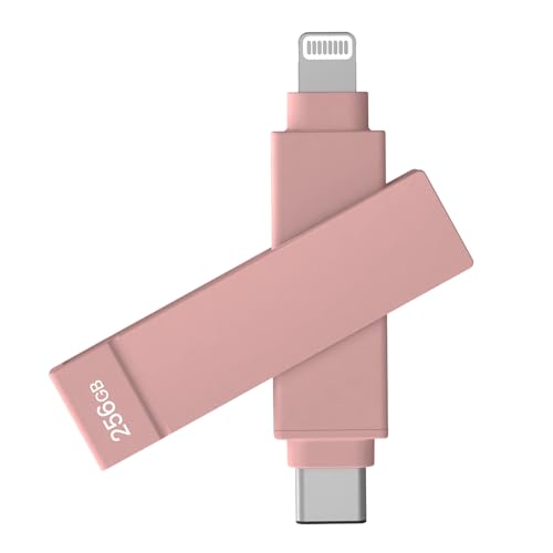 PioData iXflash iPhone Flash Drive: 256GB Apple MFi Certified, Lightning & USB C Memory Stick Pink 2-in-1 for Phone, iPad & Computer - Photo, Video & Backup Photo Stick with Free APP