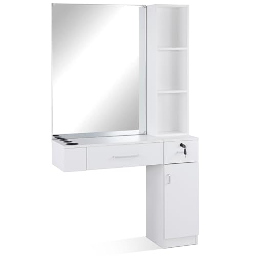 BarberPub White Wall Mount Station with Mirror