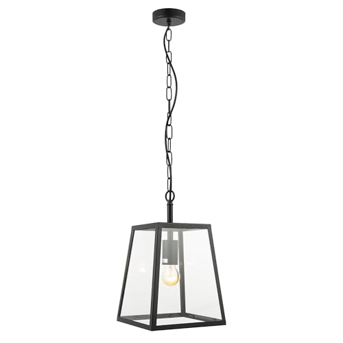 Happy Homewares Classic Lantern Pendant Ceiling Light in Matte Black with Clear Glass Sides | 138cm Maximum Height x 22cm Width | 1 x 11w LED