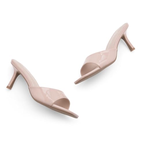 Image of Shoe Land Women's Low Heels Stiletto Heeled Slides, Open Toe One Band Slip-On Heeled Mules - Dressy Heeled Sandals for Prom, Party Wedding and Vacation
