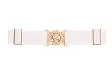 BSLLNEK Women's Stretchy Vintage Belt Retro Elastic Wide Waist Cinch Belts Waistband For Dresses (White+Gold Buckle, Suit For Waist Size 27'-35')