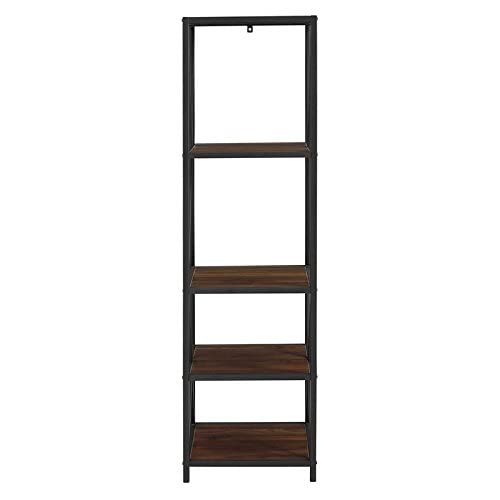 Walker Edison 4 Tier Open Shelf Metal Wood Tall Metal Bookcase Bookshelf Storage Home Office Storage Cabinet, 61 Inch, Dark Walnut #TOP1