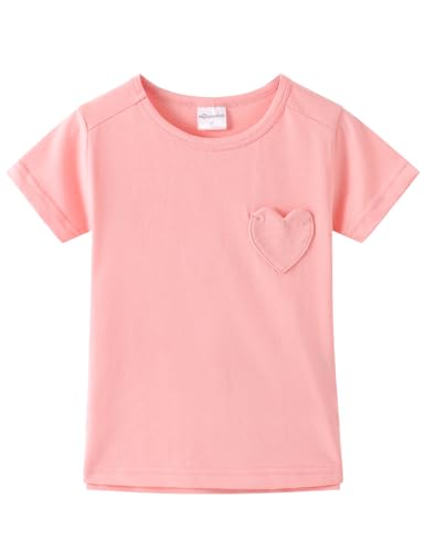 Image of Noomelfish Girls Short Sleeve Heart Pocket T-Shirts Casual Cotton Tee Tops Blouse (5-12 Years)
