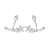 Pendientes de Estrella de Perlas de Circón, Pendientes Escaladores de Orejas de Perlas Vintage, Joyería de Orugas de Orejas de Moda para Mujer (Silver)