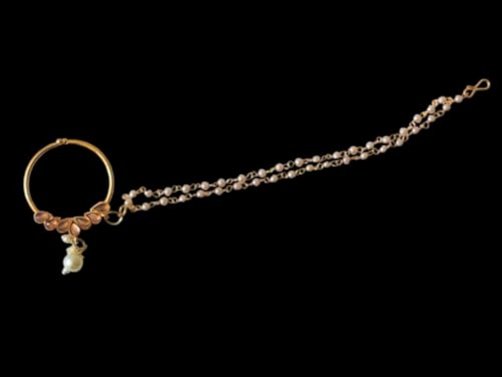 Traditional Nose Ring with Pearl Drop Design, Pearl Chain Attachment