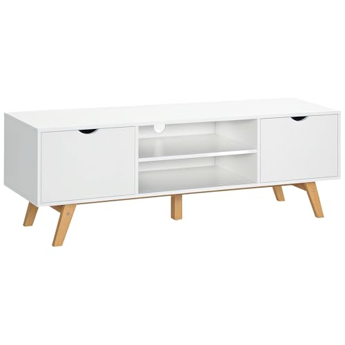 HOMCOM Mueble de TV Moderno Mueble para Televisores de 65 Pulgadas Mesa de TV para Salón con 2 Puertas 2 Estantes Abiertos y Patas de Madera 150x39x50 cm Blanco
