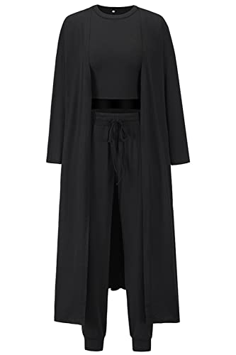 Les umes Womens 3 Pieces Pajama Loungewear Set Long Cardigan Crop Tops High Waist Pants Sweatsuit Set