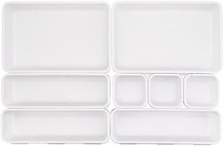 8 Pack Desk Drawer Organisers, Interlocking Drawer Dividers with 3 Sizes, Versatile Storage Boxes Drawers Organizer for Kitchen, Office, Makeup, Bathroom (White)