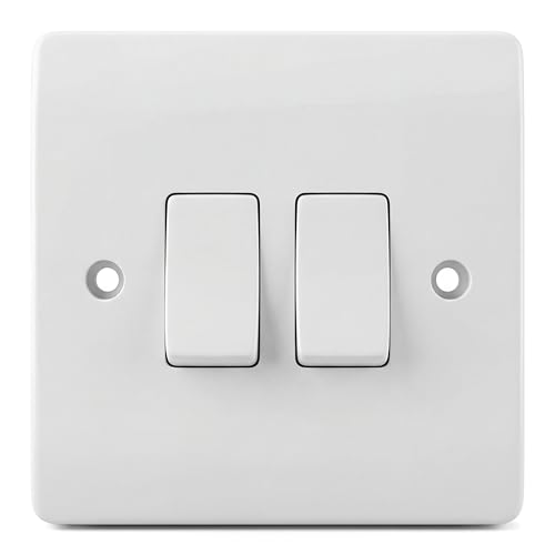 2 Gang 2 Way Light Switch - White Electric Curved Edge Light Switches with Screws - 250 V A.C 10AX Double Wall Switch for Home Office Industries Shedes garages etc
