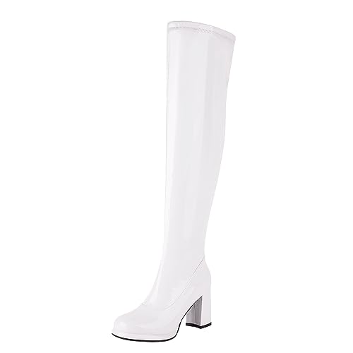 LYYSKY Womens Fashion 8.5CM High Heels Round Toe Side Zipper Over The Knee Boots Concise Platform Thigh High Boots 529-8 Black White Red Gold Silver US4-US15