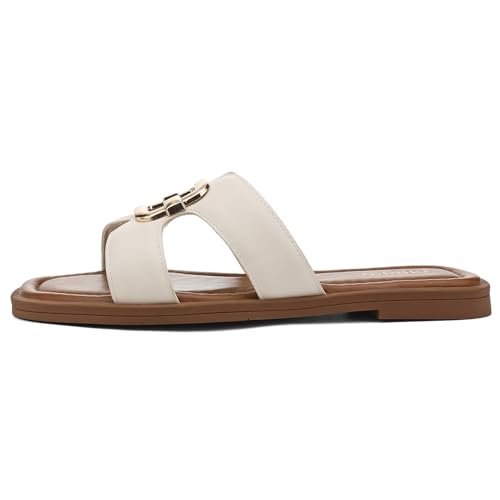 Image of UBFEN Womens Square Toe Flat Sandals Slides Dressy Comfortable for Beach