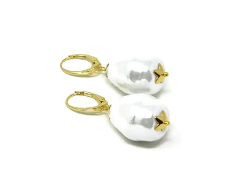 Orecchini pendenti con perle di Maiorca bianche barocche – Argento 925 placcato oro – Handmade in Italy
