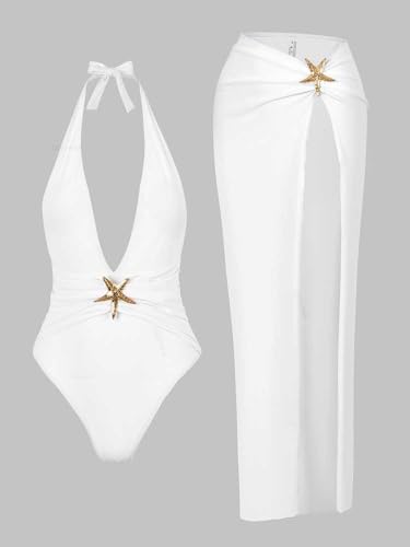 One Piece Swimsuit with Cover up Skirt Starfish Swimwear Sets for Women Halter Bathing Suits Vacation Beach Dresses4
